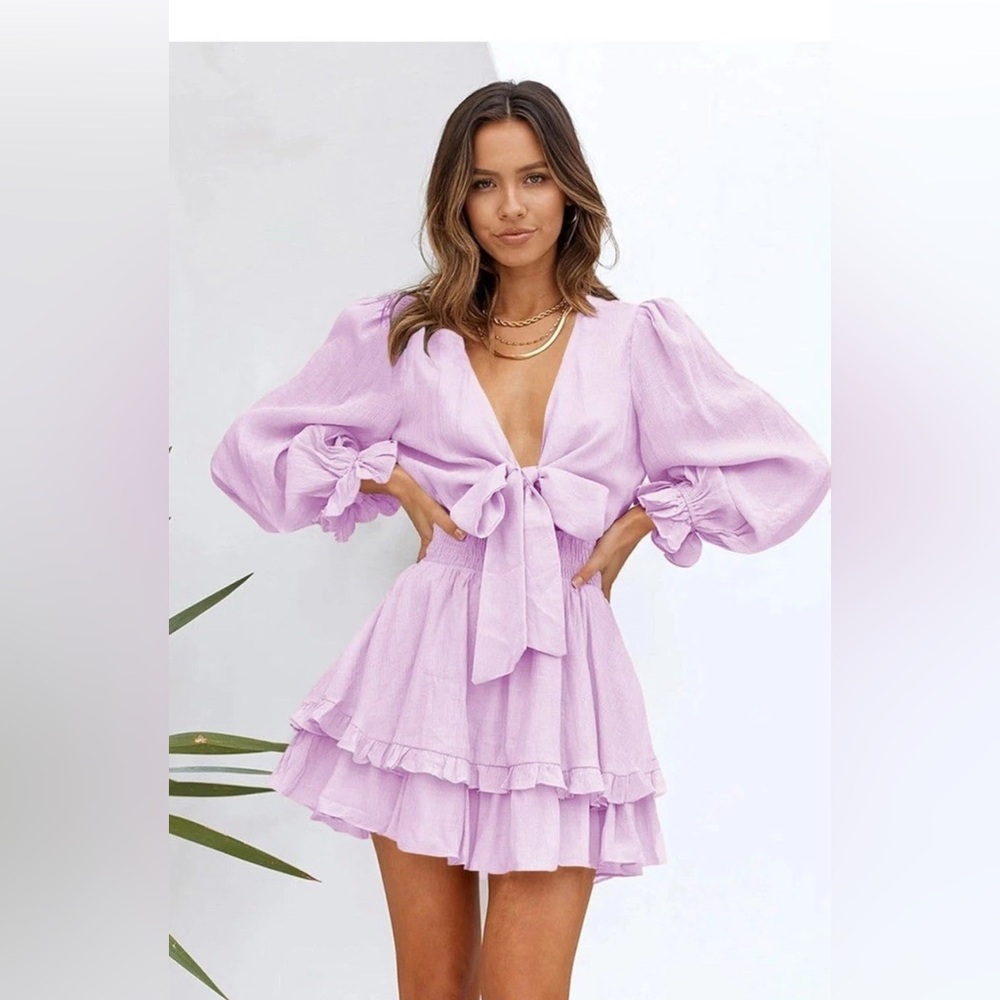 Alvaq Womens Spring Summer Knot Front V Neck Ruffles Long Sleeve-SIZE M